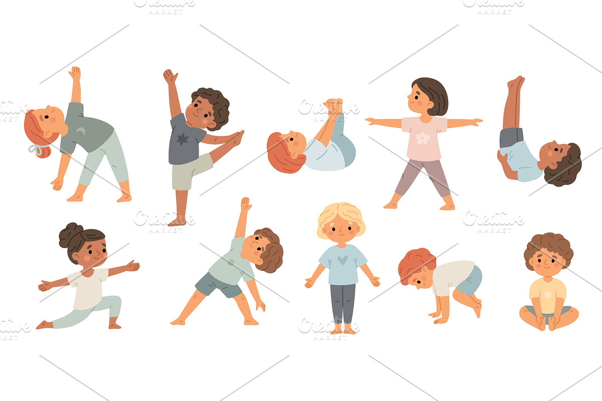 Children practice yoga. Funny kids, a Sport Illustration by YummyBuum