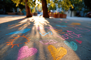 Colorful chalk drawings adorn warm pavement under tree shadows, a Photo by AlyaAnd