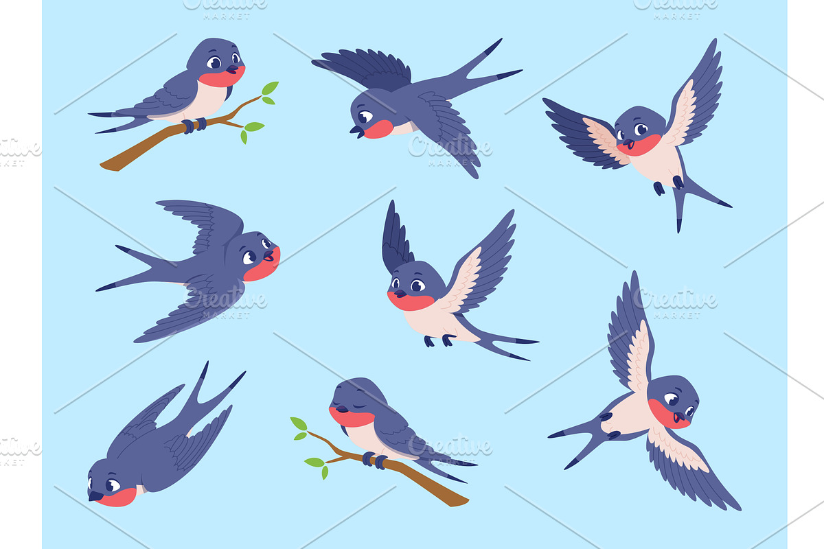 Swallows. Flying cartoon birds in, an Animal Illustration by Onyx