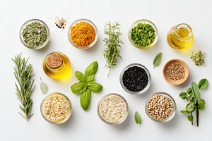 Assorted herbs, spices and grains flatlay, a Food & Drink Photo by AlyaAnd