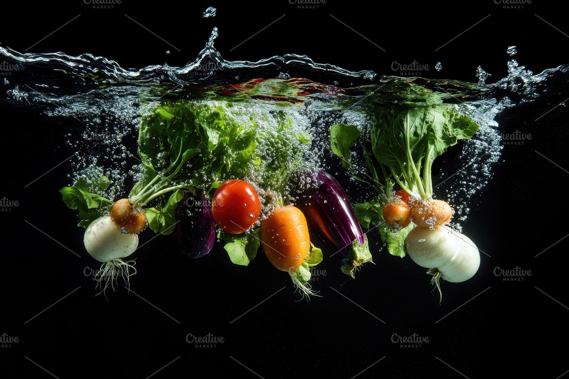Fresh vegetables submerged in water, a Photo by Tanuart