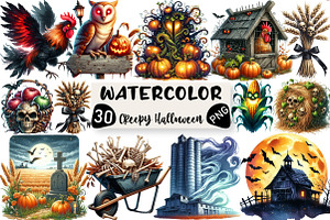 Creepy Halloween Farm Clipart Png, an Illustration by Black Bird Studio