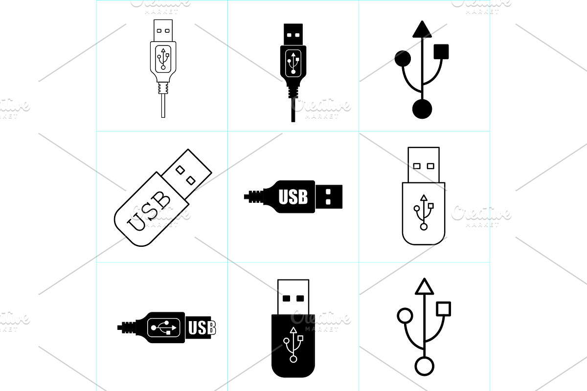 Vector black usb icons set. usb set, a Background Graphic by Anno Urbis