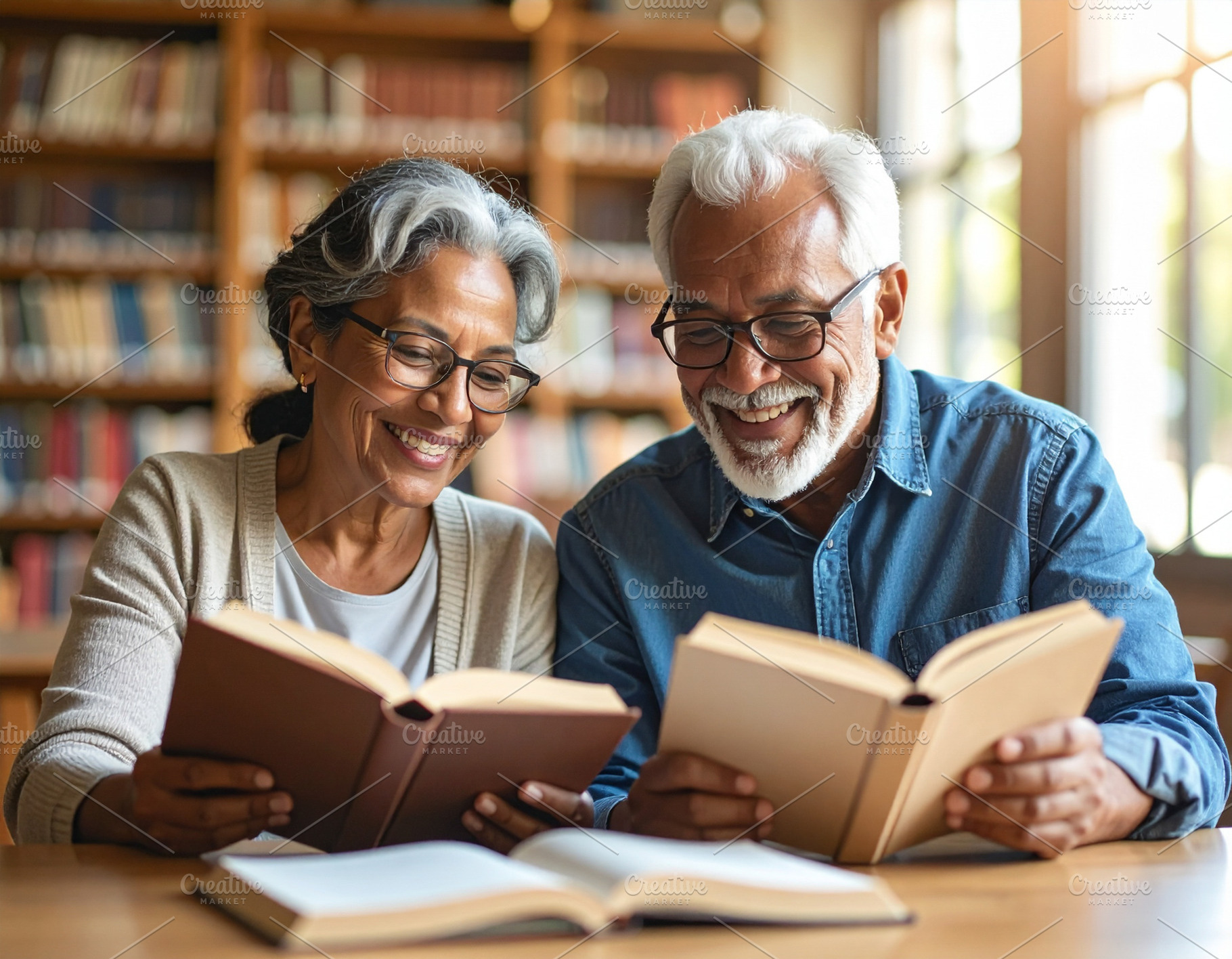 Elderly couple with books studying together in a library, a School & Education Photo by DanFLCreativo