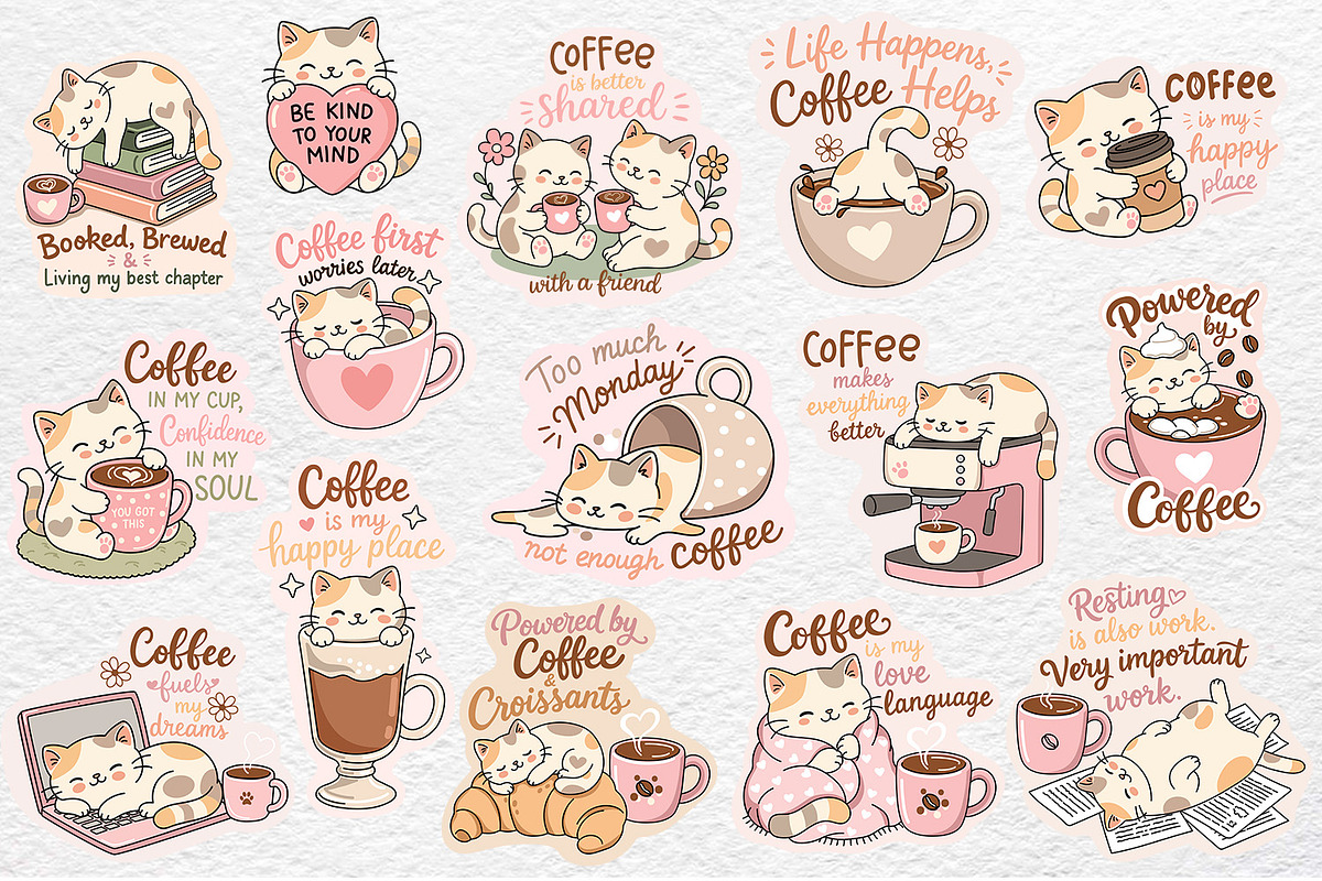 Cats & Coffee Stickers Clipart, a Food Illustration by Watercolor dreams (Photo 2 of 4)