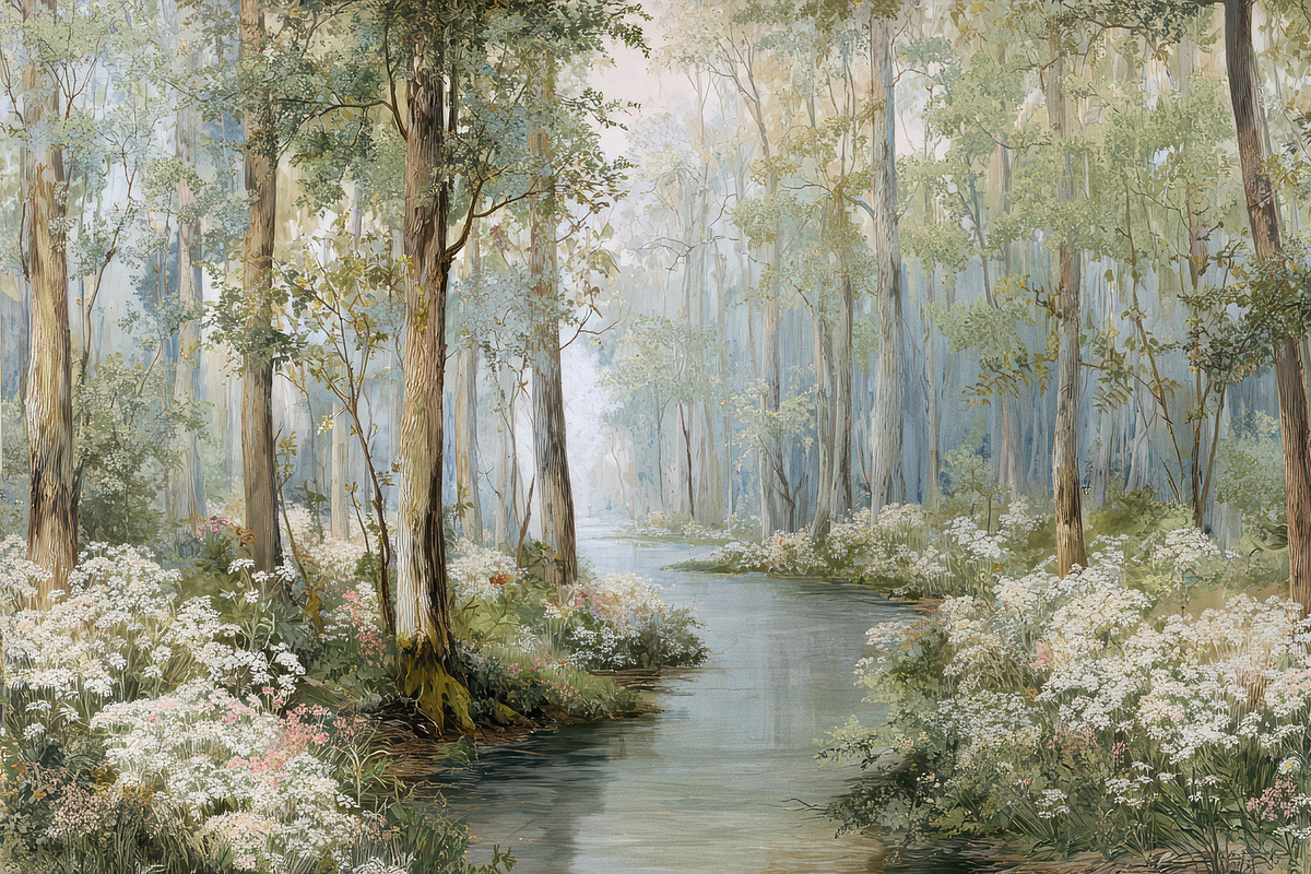 Ethereal Woodland Meadow Wallpaper, a Decorative Illustration by Virgo Studio