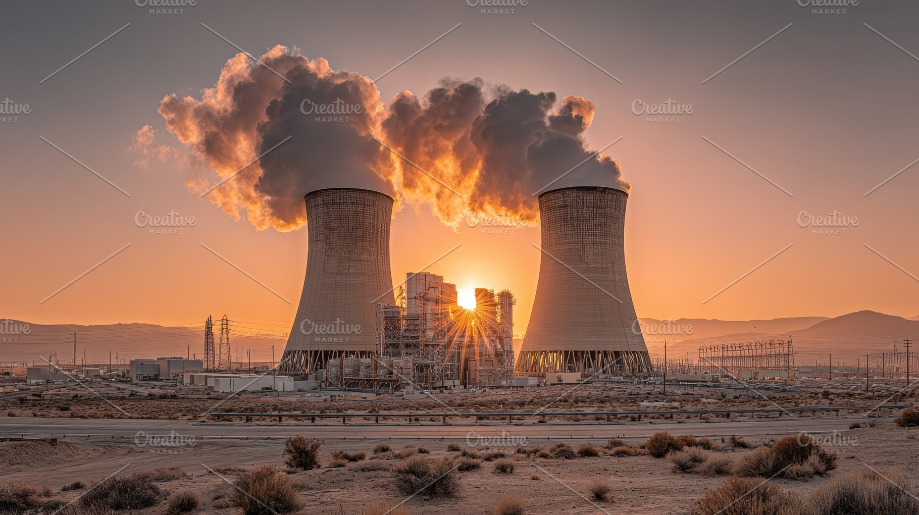 Sunset over power plant cooling towe, a Photo by Pixeness Studio