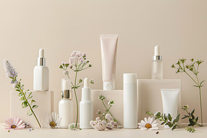Different blank cosmetic containers with green plants on beige background, a Health & Medical Photo by AlyaAnd