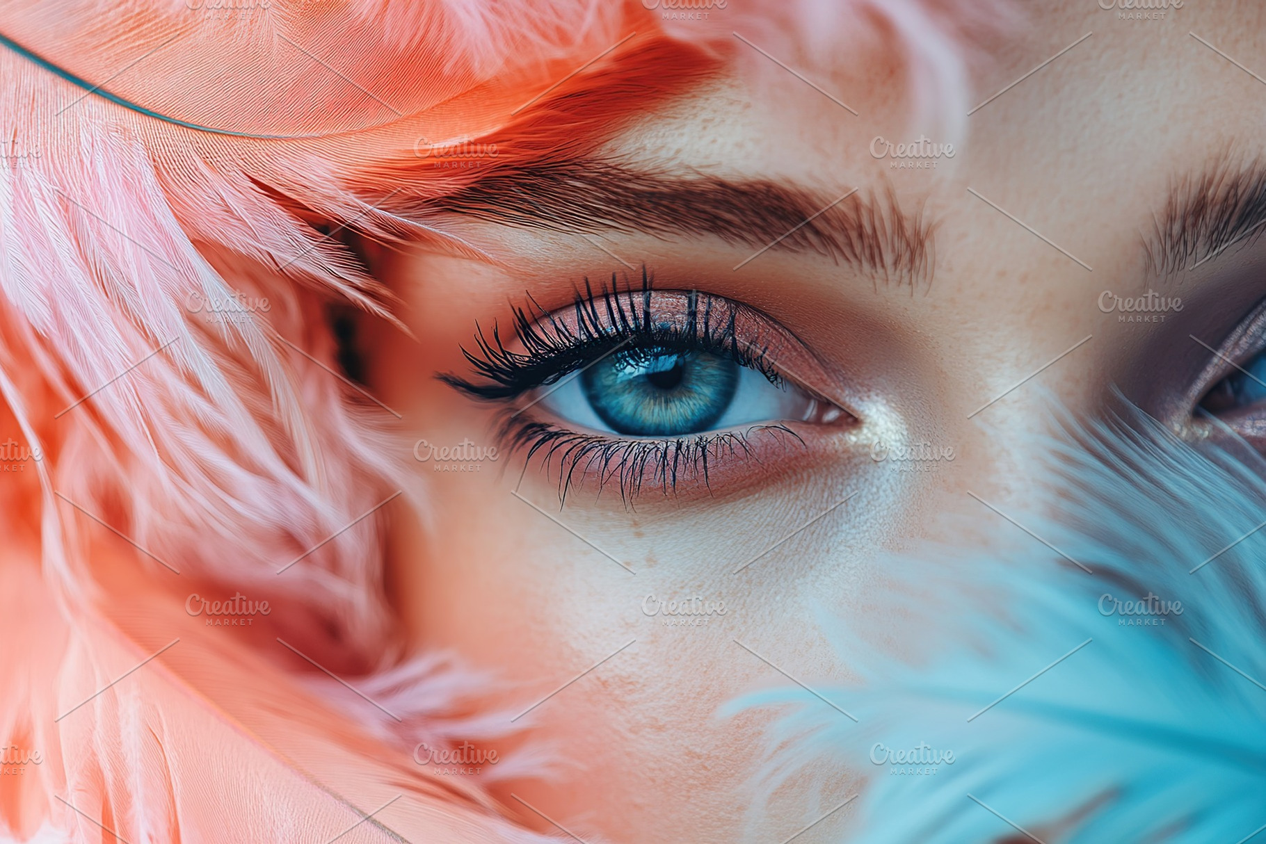 Portrait of beautiful woman with blue eyes and feathers in pastel colors, a Person Photo by AlyaAnd