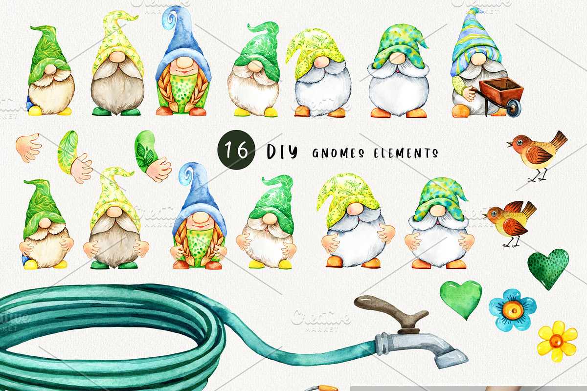 Gnome Gardener Watercolor Clipart, a Seasonal Illustration by TanyaOak (Photo 3 of 6)
