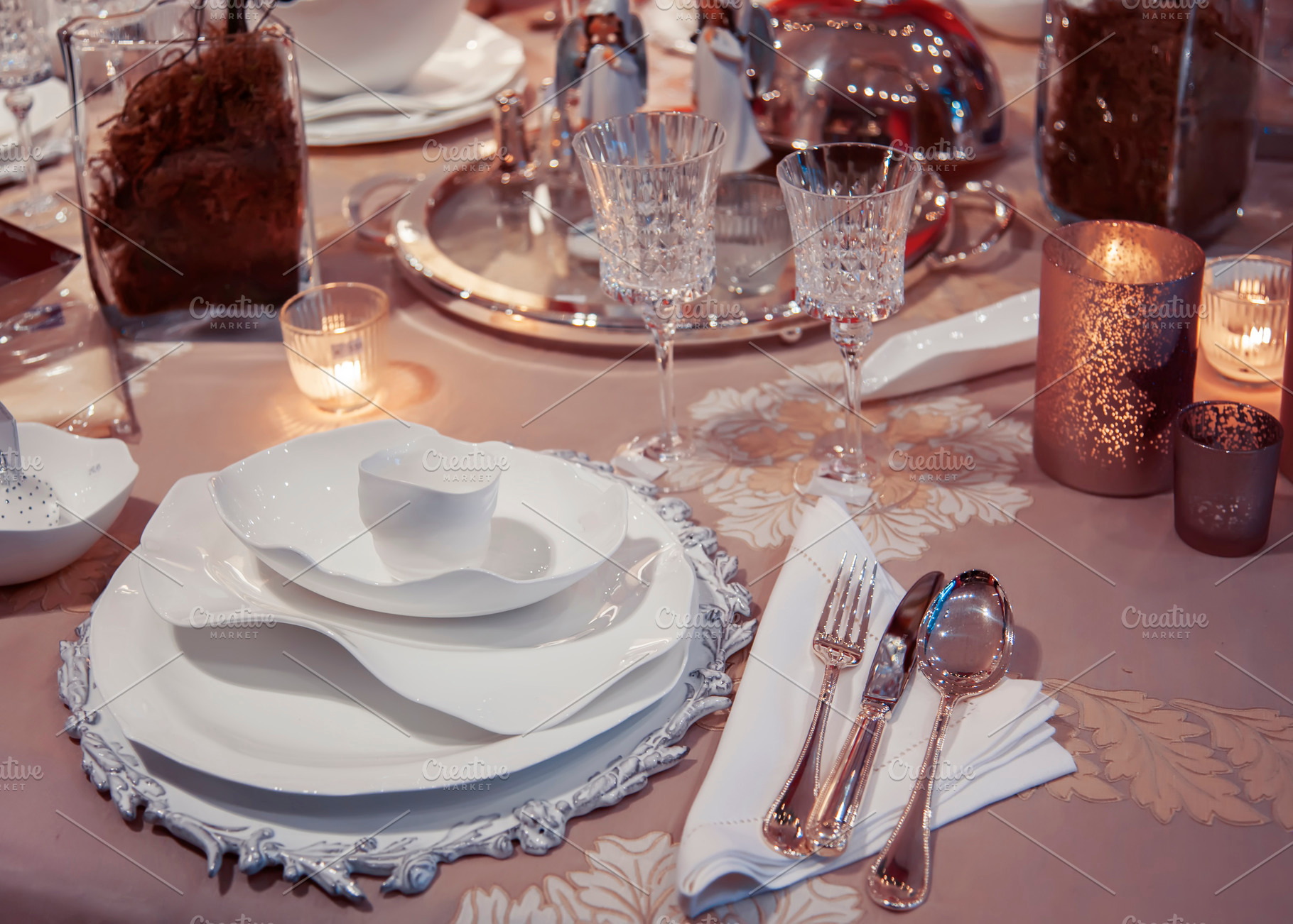 Dinner table stock photo containing set and meal, a Food & Drink Photo by ariadna de raadt
