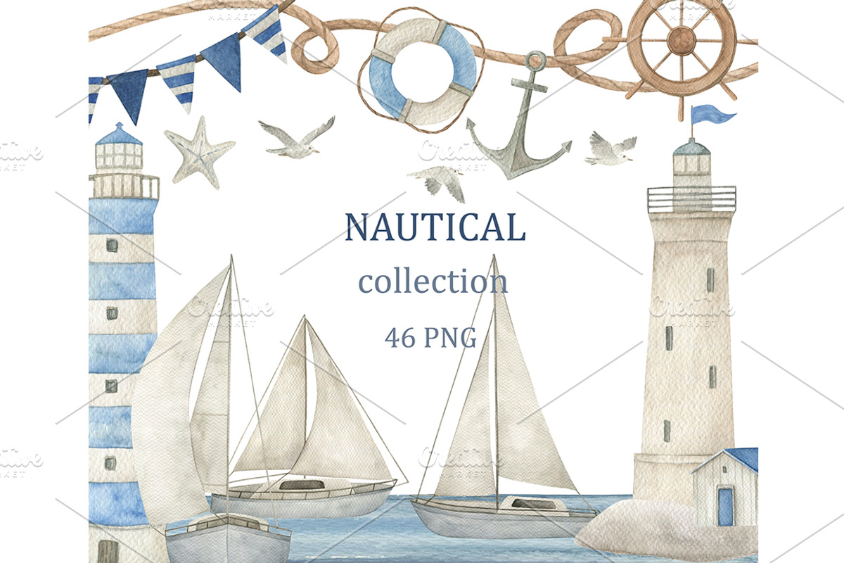 Watercolor Nautical Clipart Set, a Transportation Illustration by Natikka Art (Photo 1 of 4)