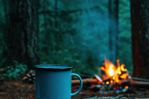 Summer campfire with enamel mug, a Nature Photo by Virgo Studio