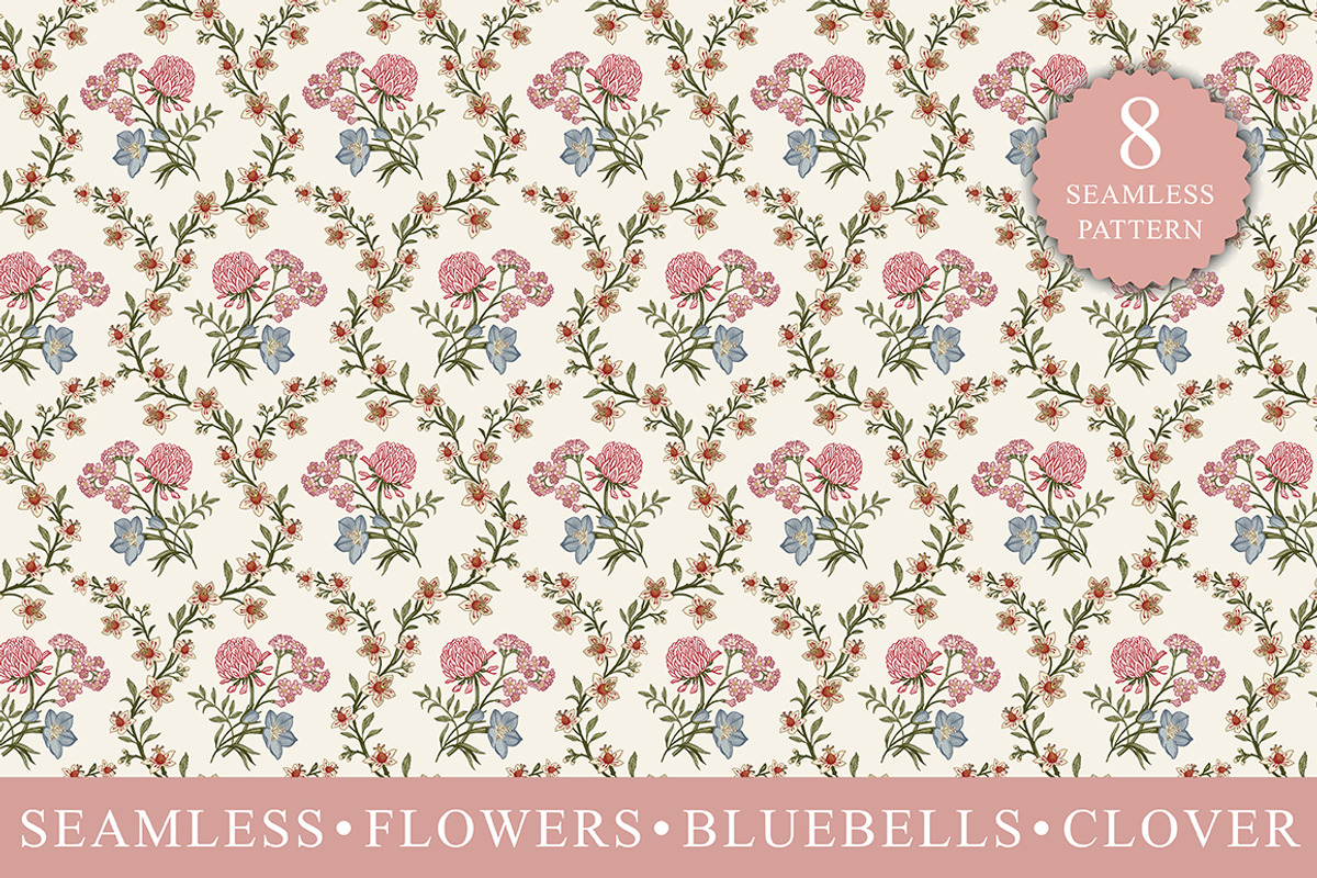 Seamless Set Flowers Clover Pattern, a Pattern Graphic by Vintage (Photo 1 of 13)