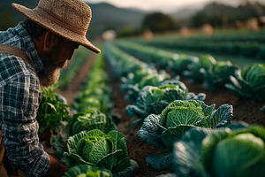 Sustainable farmer harvesting fresh cabbage in a sunlit rural field wearing a s, a Photo by AS photostudio