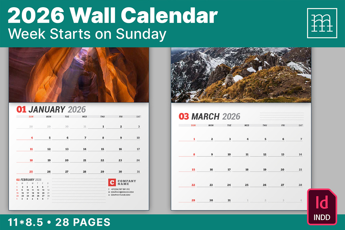 Wall Calendar 2026 (WC037-26-S), a Stationery Template by mikhailmorosin (Photo 1 of 8)