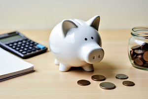 White piggy bank and jar of coins on, a Business Photo by Perpis
