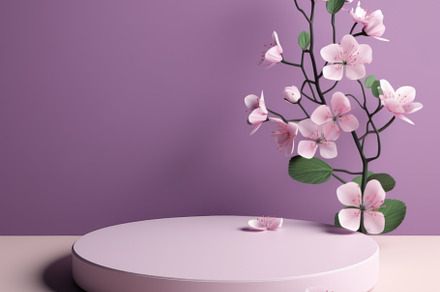 Fresh lush pink sakura flowers on branch with cylinder podium mockup in soft li, an Abstract Photo by Natalia Klenova's Shop