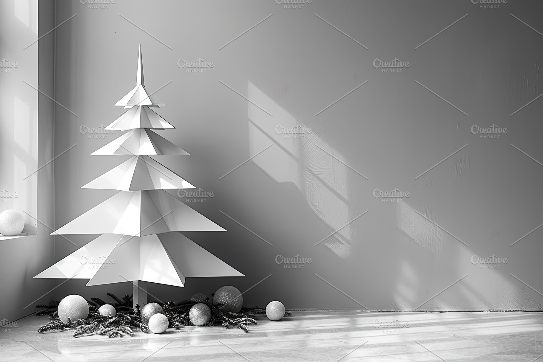 Geometric white Christmas tree with sharp triangular layers in m, a Background Photo by José Manuel Gelpi