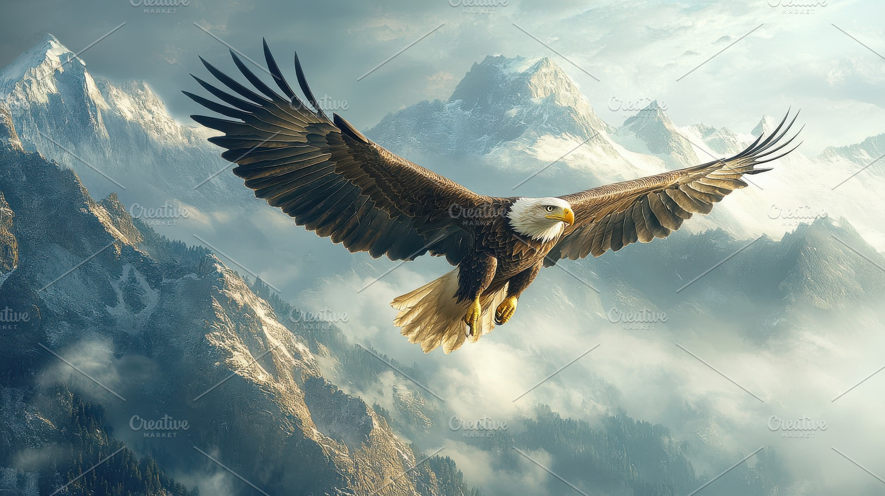 Majestic eagle soars through a mount, a Background Photo by Pixeness Studio