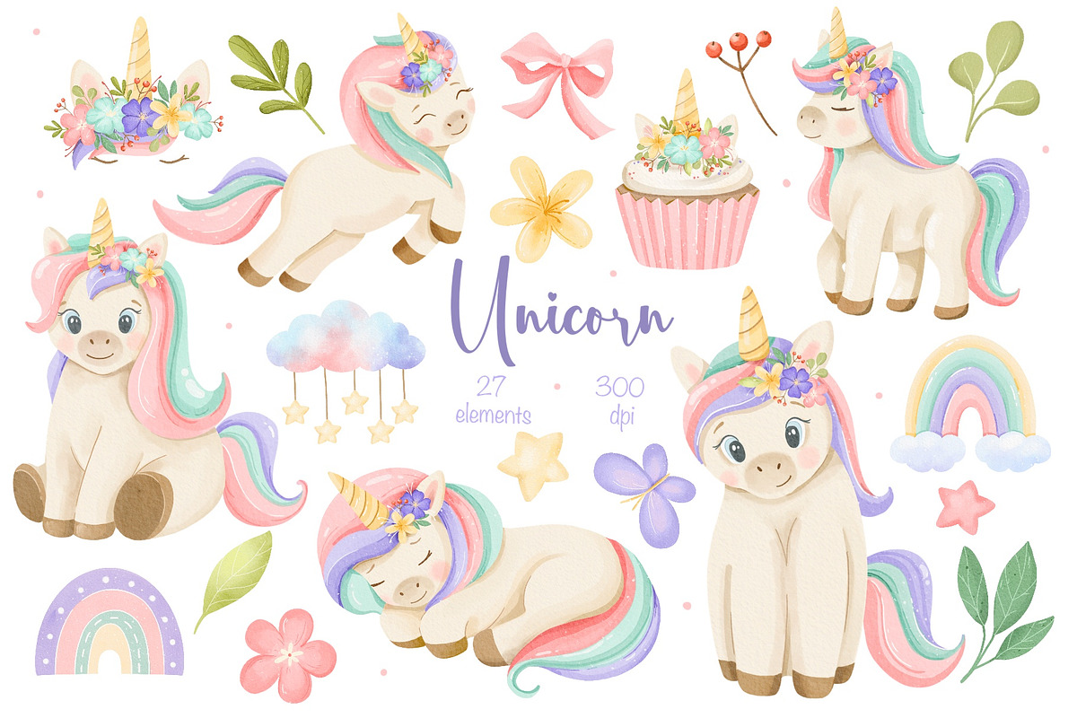 Watercolor Pastel Unicorn Clipart, an Animal Illustration by ArtGiftsStudio (Photo 1 of 6)