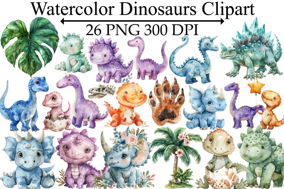 Watercolor Dinosaurs Clipart, an Illustration by Design Market (Photo 1 of 5)