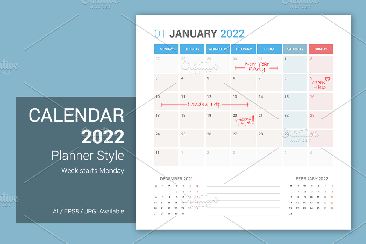 Calendar 2022 Planner Design[Monday], a Stationery Template by WORAKAMON Design Studio (Photo 2 of 5)