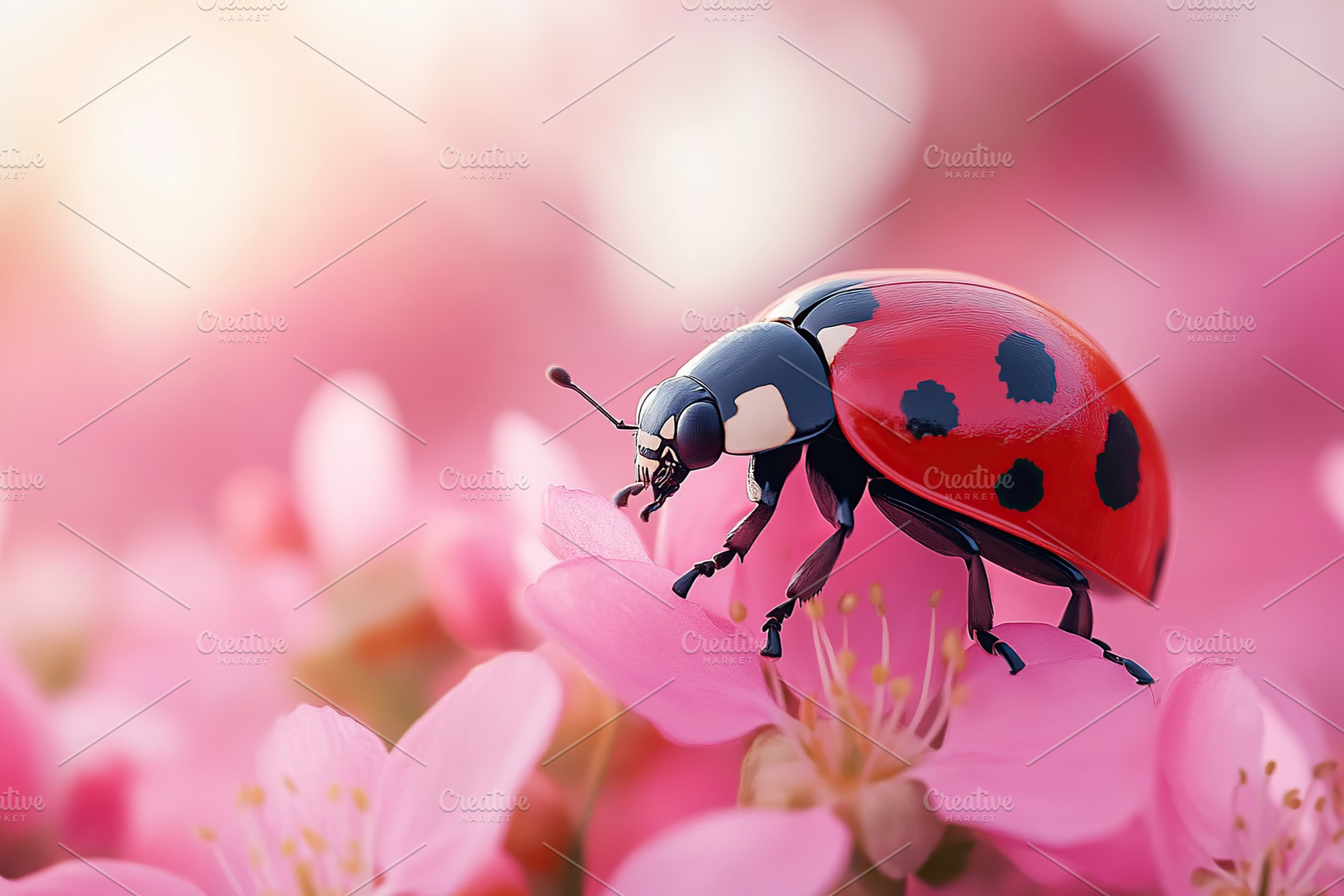 Closeup photo of a ladybug on the pink flower bud, an Animal Photo by AlyaAnd