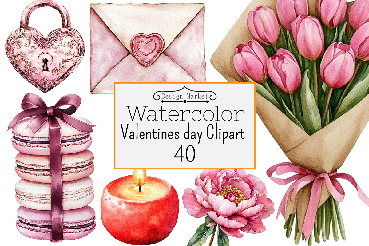 Watercolor Valentines day Clipart, a Seasonal Illustration by Design Market (Photo 1 of 4)