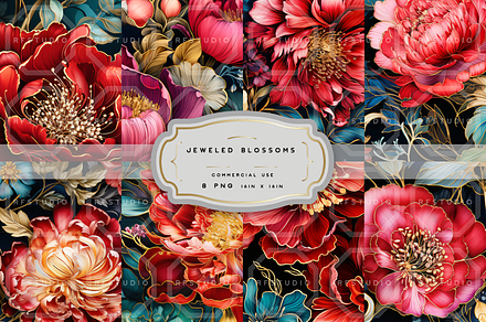 JEWELED BLOSSOMS. Seamless Patterns