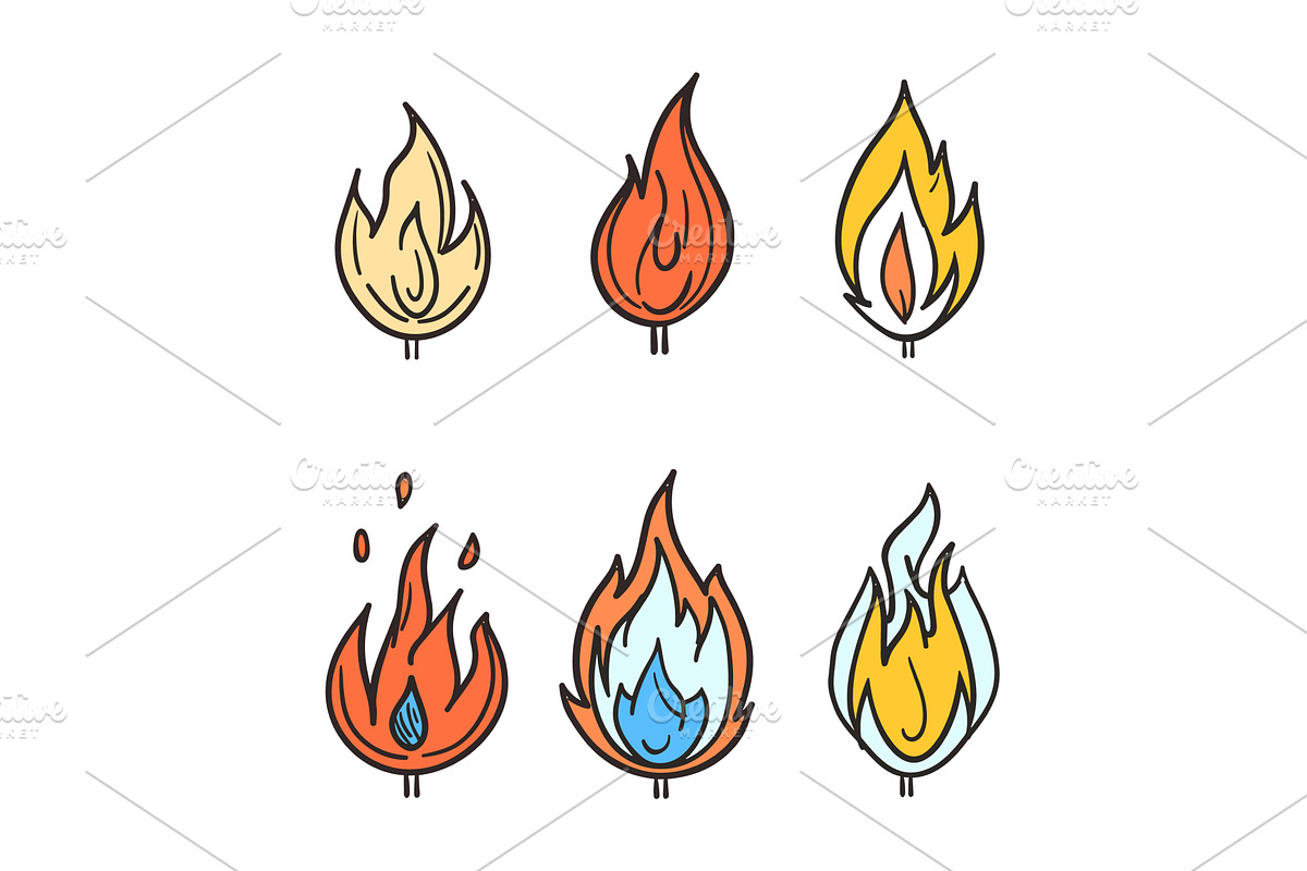 Six cartoonstyle flames colored, an Illustration by Vectorstockersland
