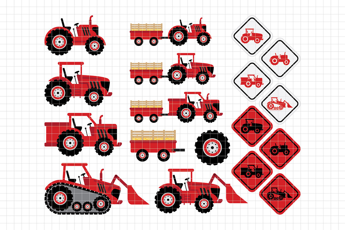 Red Tractors Clipart (DC56B), a Decorative Illustration by Printablestore