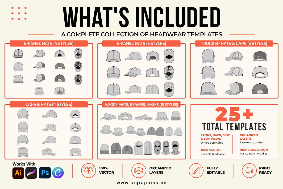 25+ Vector Headwear Mockups Bundle, a Hat Mockup by S.i. Graphics (Photo 3 of 4)