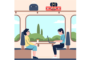 Passengers in train. Women travel, a Transportation Illustration by LadadikArt