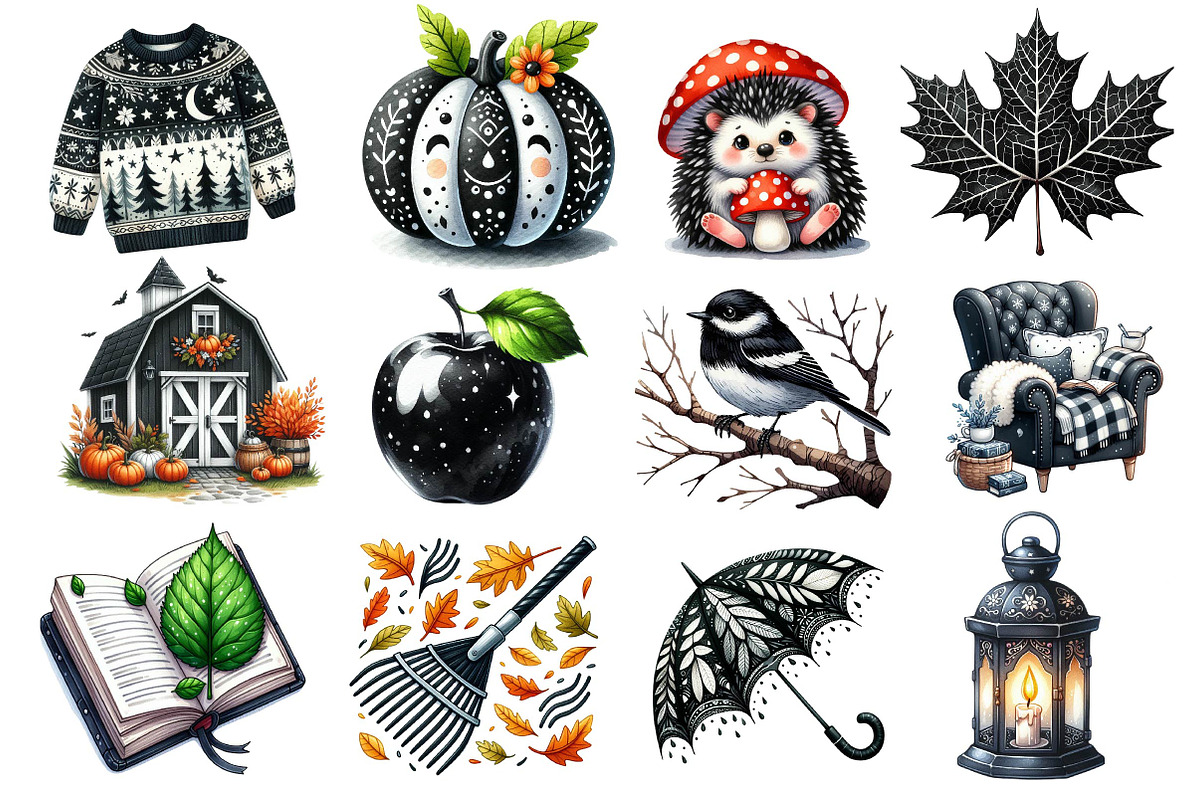 Black & White Autumn Clipart, an Illustration by Dream Creation (Photo 2 of 4)