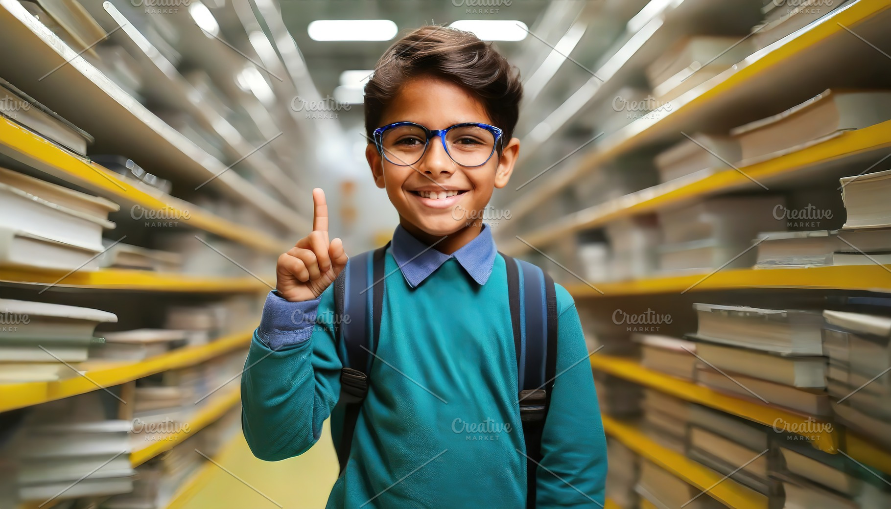 Cheerful boy with glasses reading book in library, a School & Education Photo by Igor Tichonow