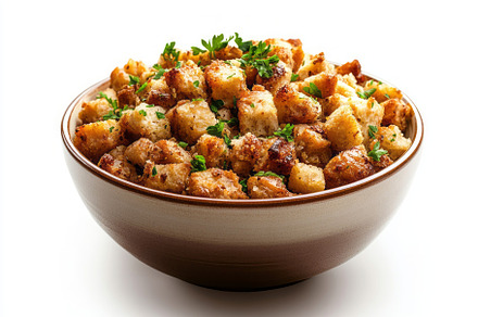 Golden brown croutons topped with fresh parsley, served in a rustic wooden bowl, a Background Photo by ImageMir