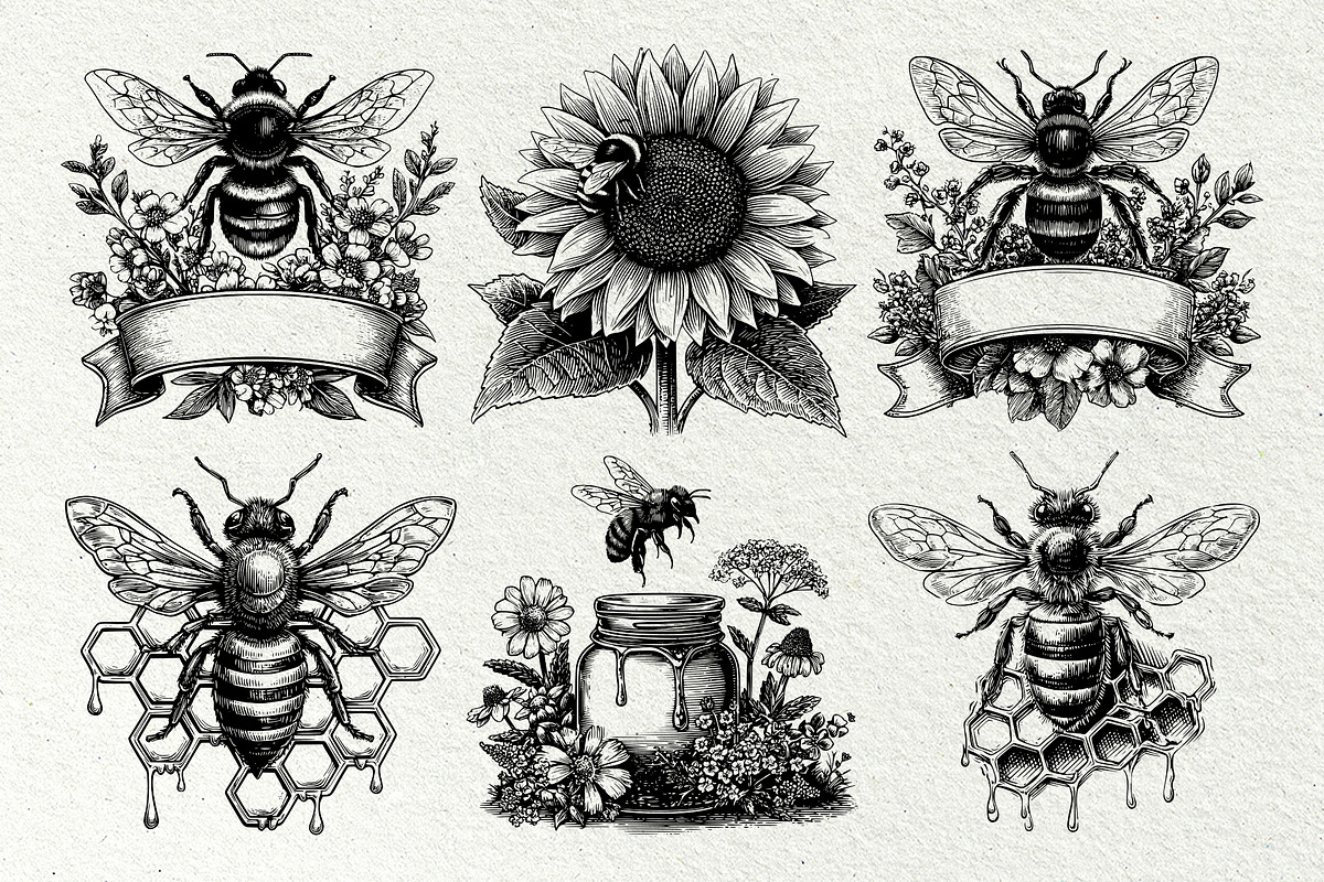 Vintage Honey Bee Illustrations, a Food Illustration by DENIDigitalArtSudio (Photo 4 of 5)