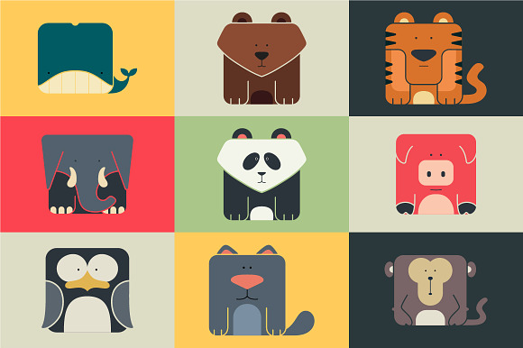 Set Flat Square Icons Of A Animals