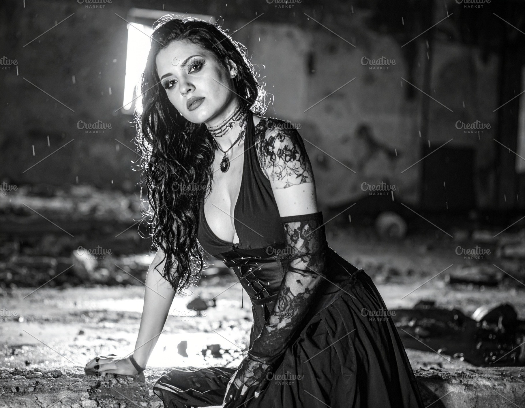 beautiful young goth woman in abandoned factory, AI generated, a Photo by WorldOfPhotos
