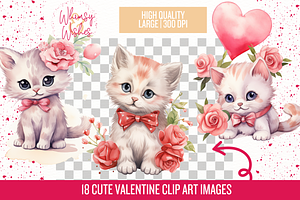 Valentine Kittens Watercolor Clipart