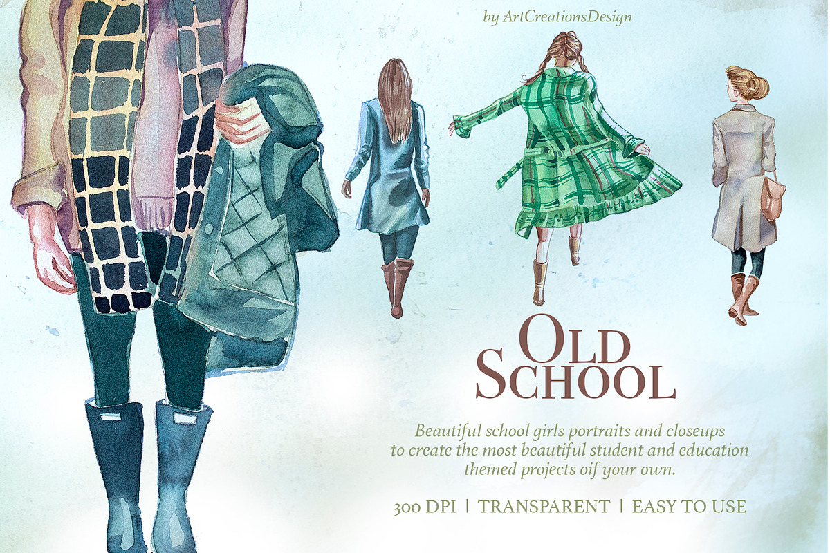 Watercolor Old School Clipart Set, a Seasonal Illustration by ArtCreationsDesign (Photo 5 of 18)