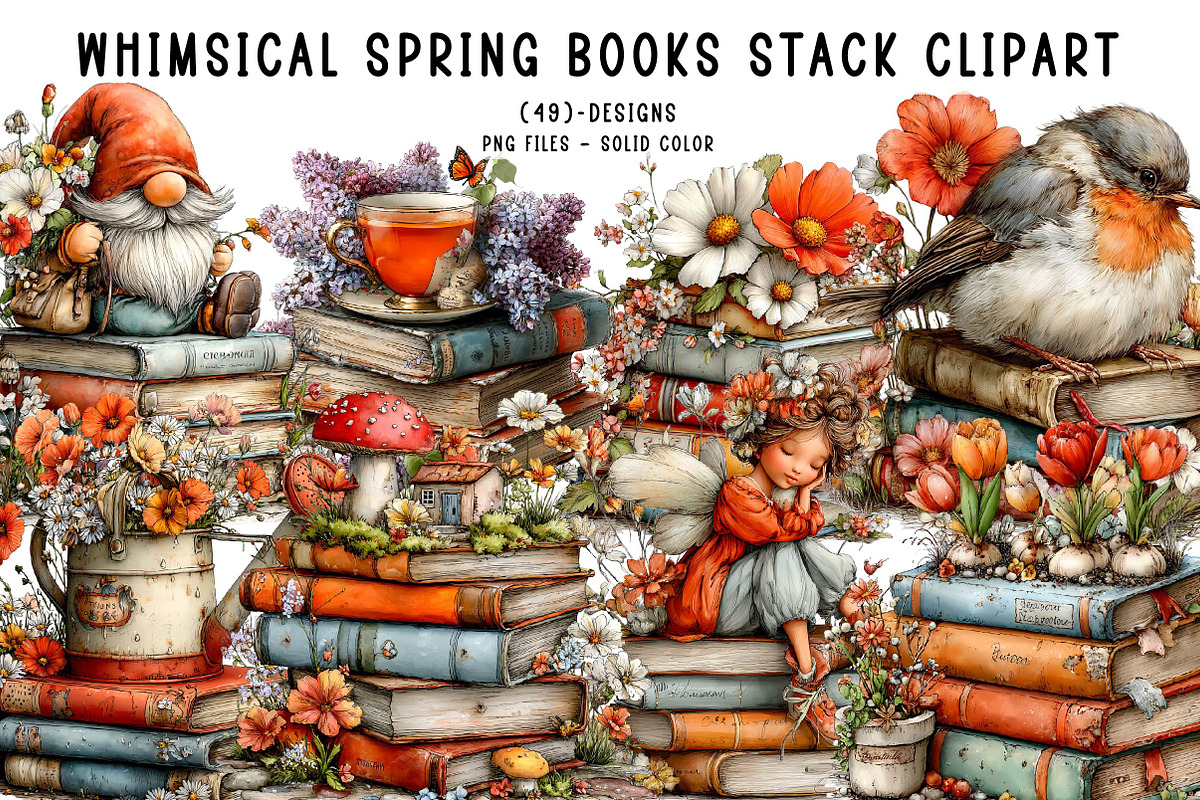 Whimsical Spring Books Stack Clipart, an Illustration by CreationArt (Photo 1 of 7)