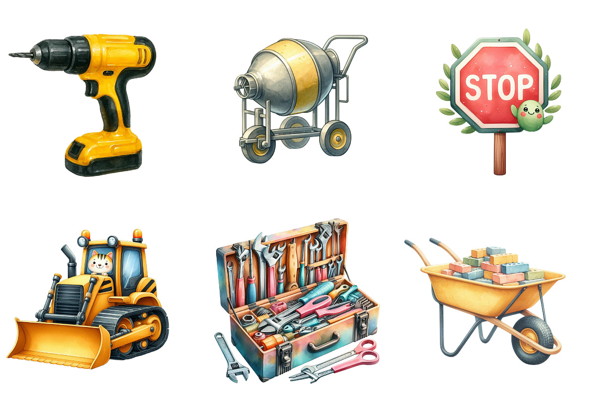 Cute Construction Watercolor Clipart, an Illustration by CreationArt (Photo 3 of 7)