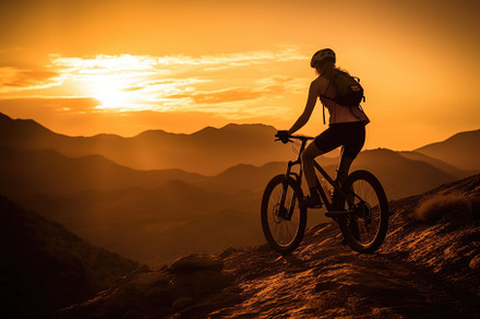 A low angle, her silhouette framed against the sunset, mountain, a Sports & Recreation Photo by designvectx