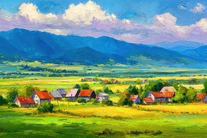 A village sits in a green valley, a Photo by Pavel_design