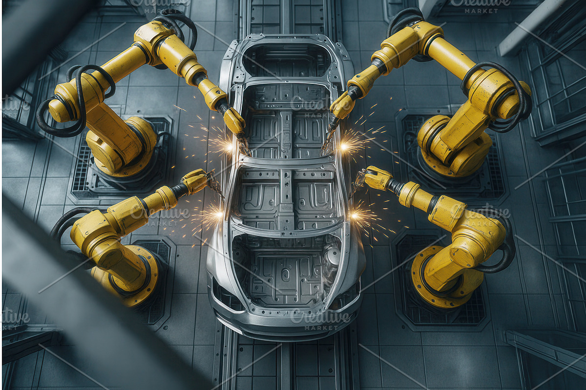 Robotic arms welding a car chassis, an Illustration by Sergey Kotenev