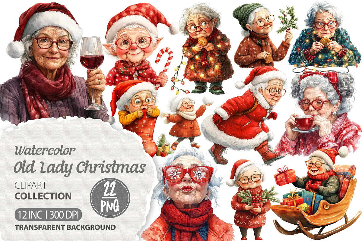 Funny Old Lady Christmas clipart, an Illustration by Dream Creation (Photo 1 of 5)