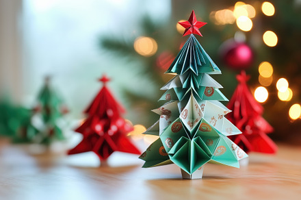Colorful origami Christmas trees in a festive setting, with a blurred backgroun, an Arts & Entertainment Photo by Textures & Backgrounds