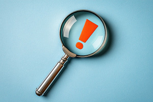 Magnifying glass shows a red exclamation mark on a light blue minimalistic back, an Abstract Photo by AlyaAnd